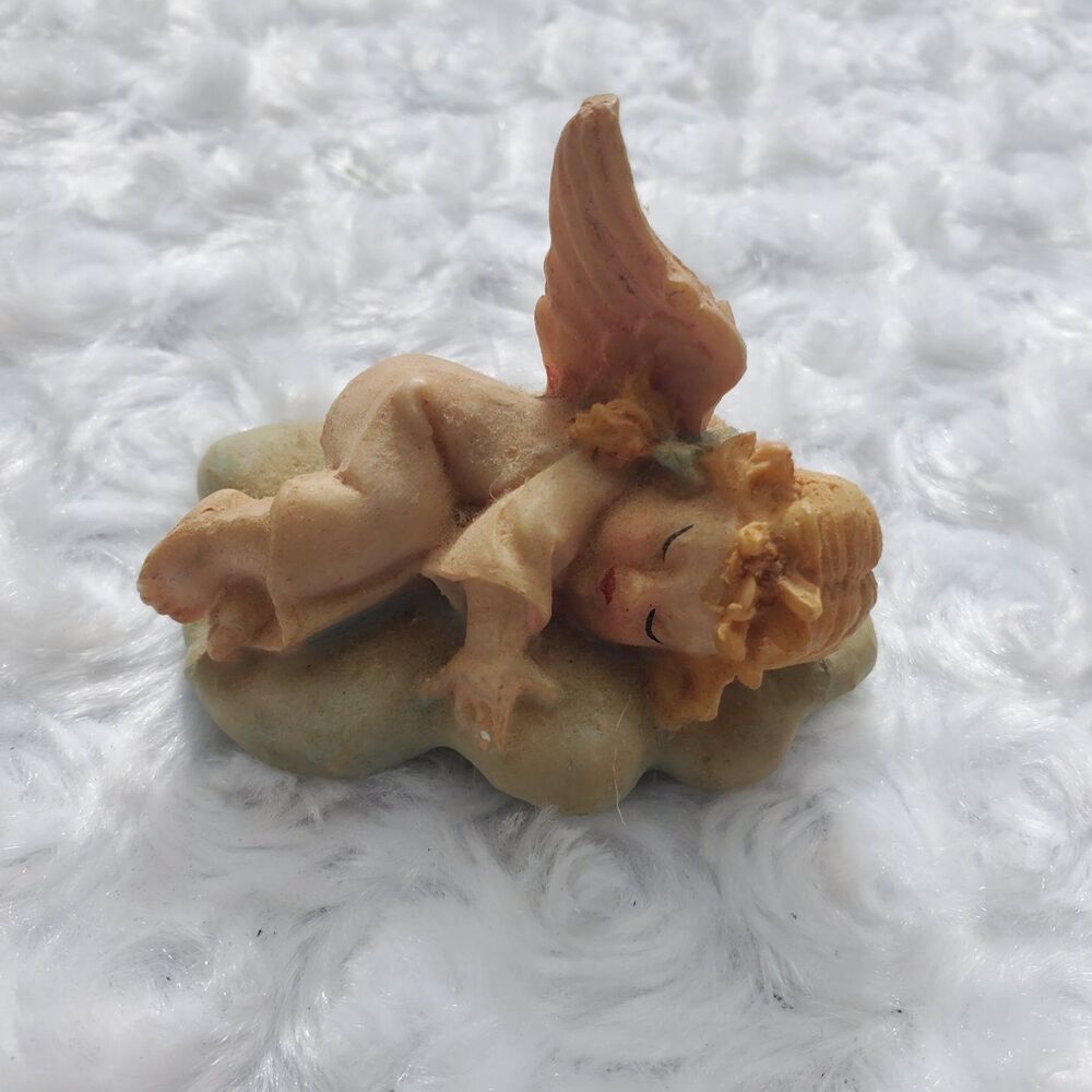 Sleeping Cherub Angel Figurine on Cloud Winged Baby Miniature Decor 2.5 Beige
